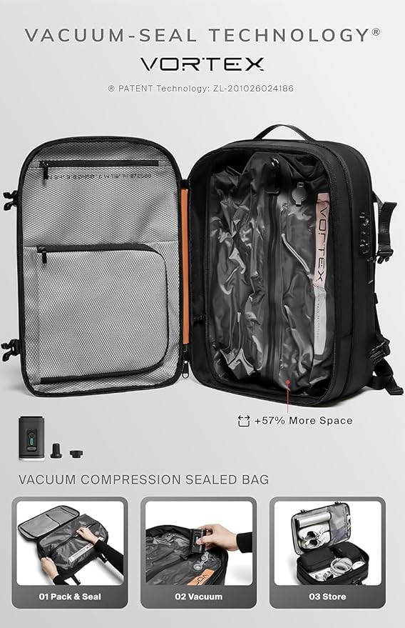 BlackVoyage Vortex Vacuum Seal Travel Backpack 60L Expandable Air Compression System Water Resistant TSA Lock Carry-On Suitcase Luggage Black AERO - Vacuum Pump Included