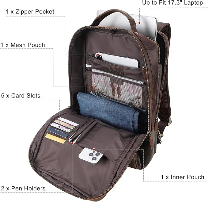 TIDING Full Grain Leather 17.3 Inch Laptop Backpack for Men, Convertible Business Briefcase Weekender Camping Bag Travel Rucksack