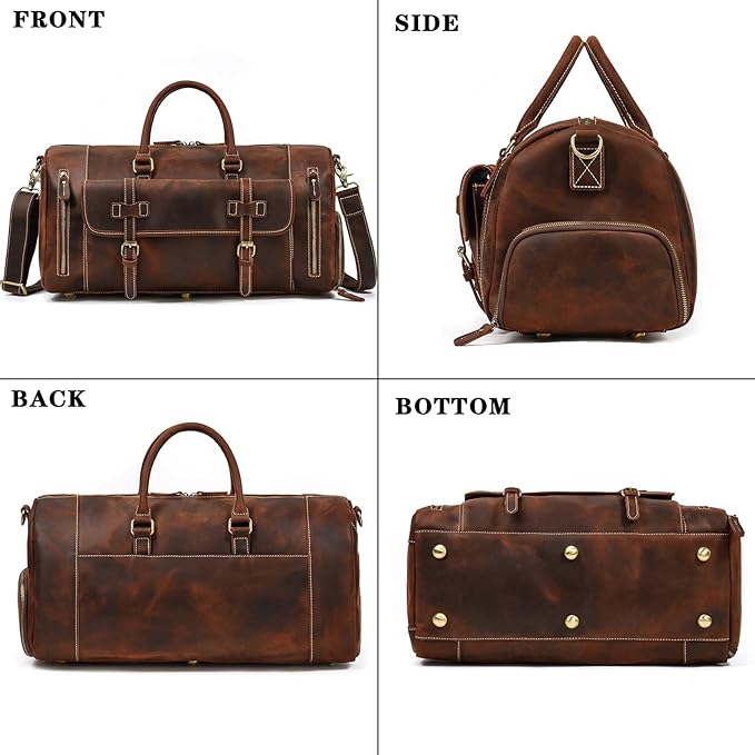 Leather Duffel Bags for Men and Women, 20 Inch Full Grain Leather Travel Overnight Weekend Bags, 9802 Brown