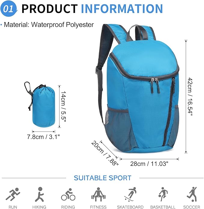 Hiking Backpack, 20L Packable Daypack for Men Women, Nylon with Adjustable Straps, Lightweight Waterproof Outdoor Camping Travel, Lake Blue