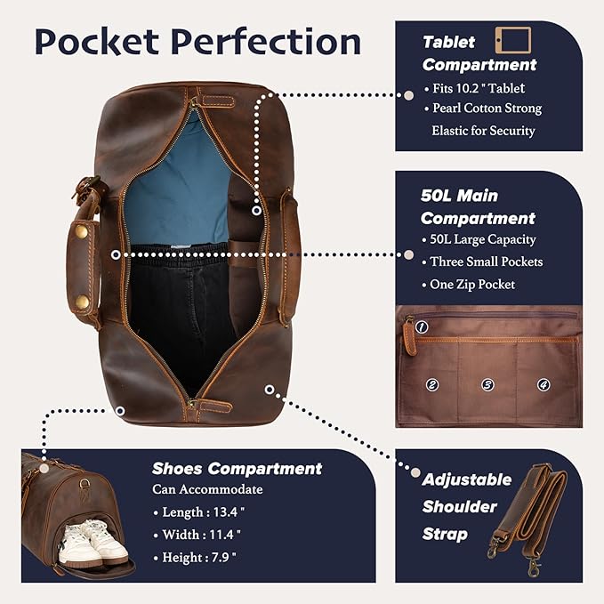 Leather Duffle Bags for Men with Shoe Compartment – 23.6" x 12.6" x 11" Travel Bag, Gym Bag, Also Suitable for Crossbody or Shoulder Carry, Brown Large Size
