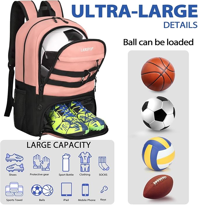 LARIPOP Soccer Backpack,Soccer Bag with Ball Holder and Shoe Compartment,Sports Equipment Training Bags Fits Basketball