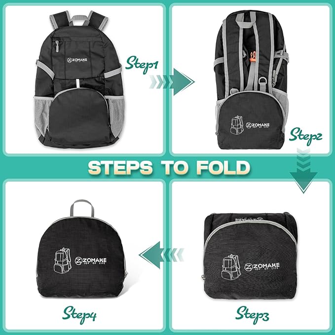 ZOMAKE Lightweight Packable Backpack 35L, Light Foldable Backpacks Water Resistant Collapsible Hiking Bag, Compact Folding Day Pack for Travel Camping(Graphite black)