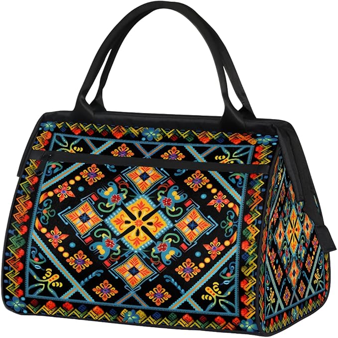 Travel Duffle Bag, Carpet Flowers Pattern Aztec Overnight Weekender Tote Bag for Women Men Waterproof Carry On Luggage with Zipper Lightweight Sport Gym Bag for Traveling Yoga Camping Traveling Gifts