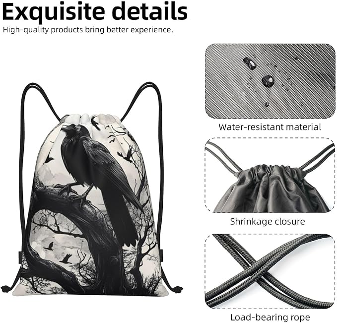 Black Crow Pattern Drawstring Backpack Bag - Sports Gym Sack For Women Men