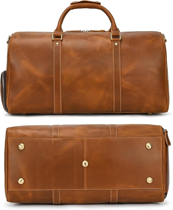 Leather Duffel Bags for Men and Women, 20 Inch Full Grain Leather Travel Overnight Weekend Duffel, 9804 Light Brown