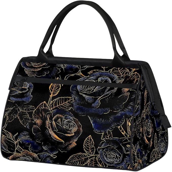 Flower Gold Blue Rose Travel Duffle Bag, Overnight Weekender Tote Bag for Women Men Waterproof Carry On Luggage with Zipper Lightweight Sport Gym Bag for Traveling Yoga Camping Traveling Gifts