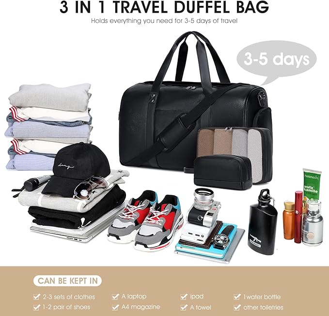 Wogarl 3PCS Leather Weekender Bag for Women Men: Large Overnight Travel Duffel Bags with Shoe Compartment Toiletry Packing Cube Carry On Tote Fit 21"(Black)