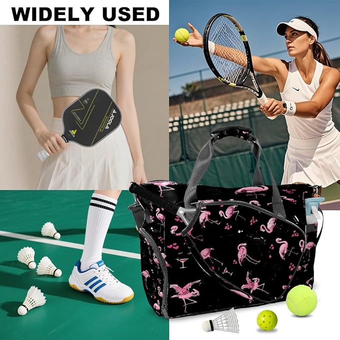 Women's Tennis Bag Large Capacity - Ventilated Shoe Compartment & Waterproof Wet Pocket, Multi-Functional Gym Duffel Bag for Tennis, Yoga, Travel (Flamingos Black)