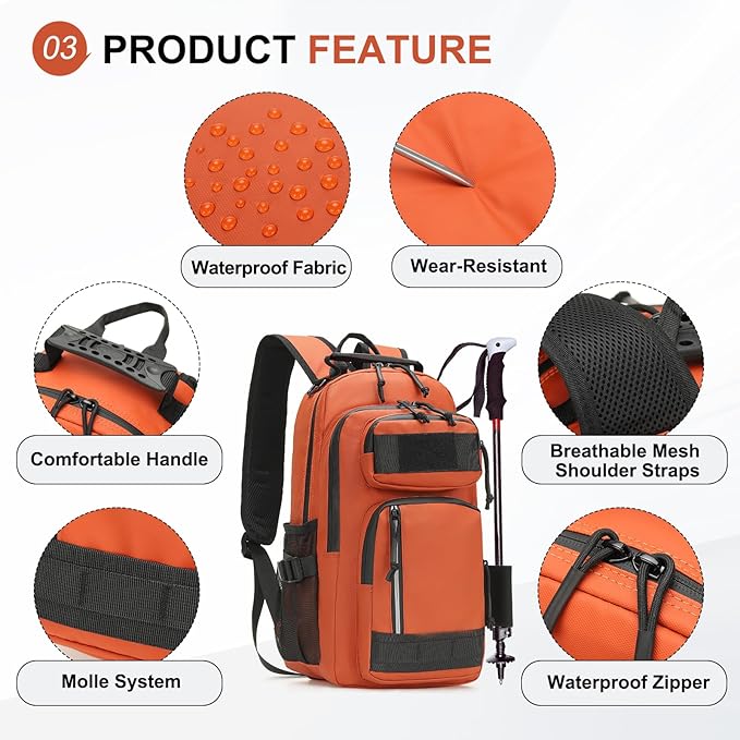 35L Fishing Backpack with Rod Holder, Waterproof Tackle Sling Crossbody Bag with Multi Pocket for Fishing Camping Hunting Hiking, Orange