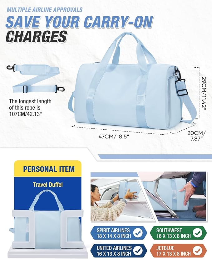 Gym Duffle Bag for Women Carry on Luggage Travel Essentials Airline Approved Personal Item 18x14x8 Inches Lightweight Weekender Sports Travel Duffel Bag with Shoe Compartment Wet Pocket Men LightBlue
