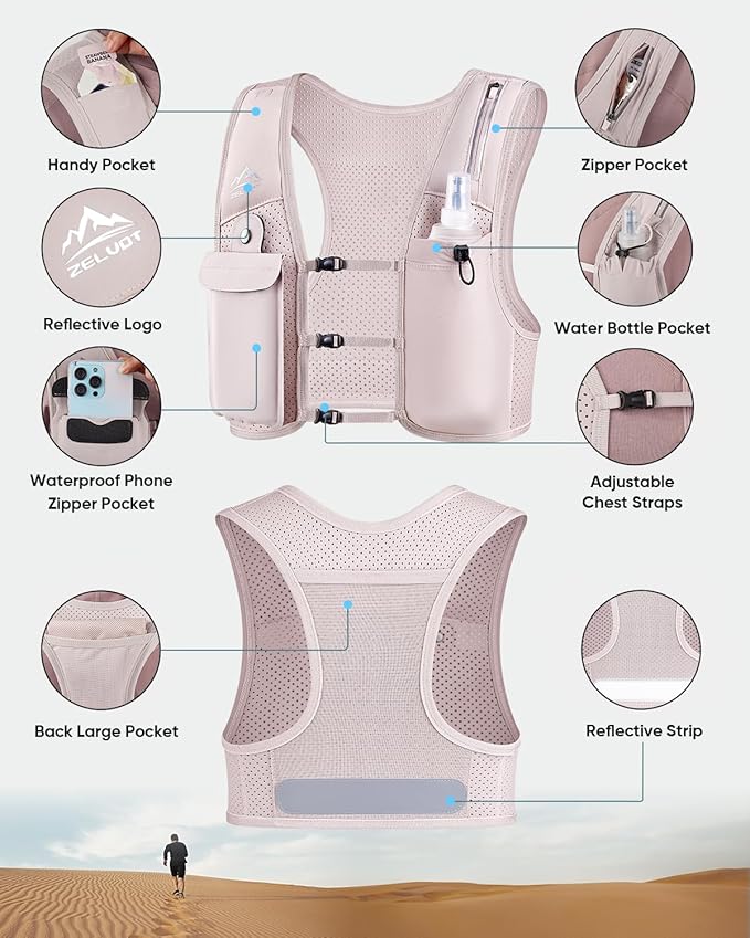 Zelvot Running Vest for Women Men, USA Original Patent, Adjustable Chest Straps Running Hydration Vest with 500ml Soft Flask, Lightweight Reflective Hydration Backpack for Marathon