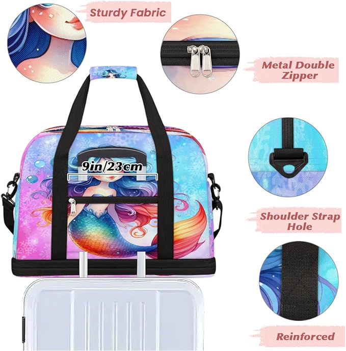 Cute Mermaid Girls Rainbow Travel Duffle Bags With Shoes Compartment for Women Men Weekender Overnight Bag Foldable Sports Tote Gym Carry On Luggage Handlebag for Travel Yoga Hospital Workout