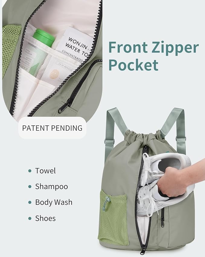 WANDF Drawstring Backpack Sports Gym Bag with Shoes Compartment, Water-Resistant String Beach Sackpack Swim Bag for Women and Men (Dark Green)