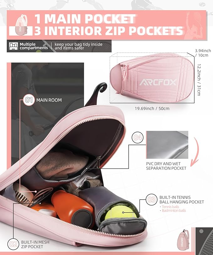 ARCFOX Tennis Racket Bag 2-in-1 Large Capacity Tennis Racket Backpack for Women and Men, Water-Resistant Lightweight Tennis Crossbody Bag for Pickleball Paddles, Badminton Squash Racquet