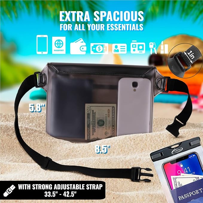 AiRunTech Beach Waterproof Gear Combo Pack, Protect Phone Wallet Passpor Valuables Safe, Cruise Travel Vacation Essentials(Floating Large Phone Pouch + Black Fanny Pack)