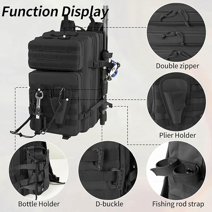 Large 45L Tactical Fishing Tackle Backpack with Removable Plier Holder & Rod Holders Storage Fishing Gear and Equipment Tackle Bag Hiking Backpack Black without Tackle Boxes