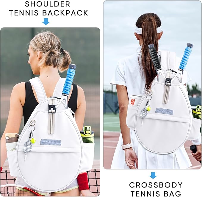 Tennis Backpack with 2 Rackets Holder, Water-Resistant PU Leather Tennis Racket Bag for Women & Men, Sling Crossbody Sports Backpack for Tennis, Pickleball & Badminton, Tennis Gifts