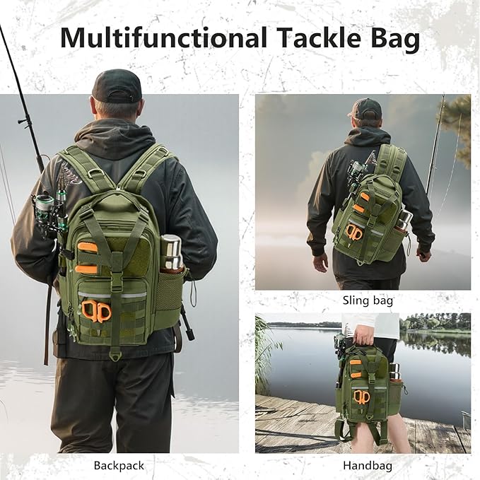 BASSDASH Convertible Fishing Backpack Sling Bag with Rod Holder, Adjustable Tactical Water-Resistant Tackle Storage Pack FP07
