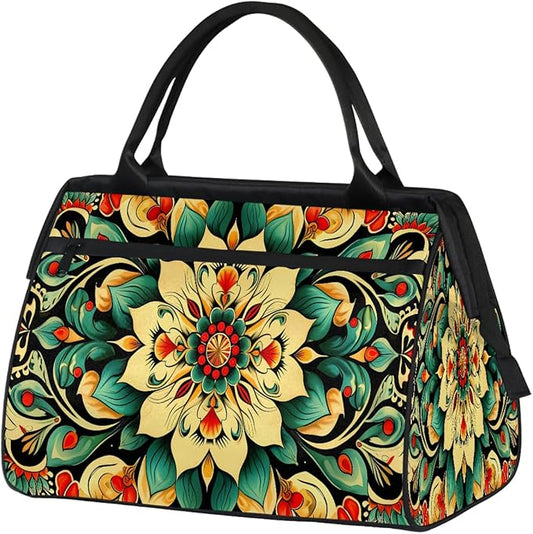Travel Duffle Bag, Ethnic Mandala Floral Overnight Weekender Tote Bag for Women Men Waterproof Carry On Luggage with Zipper Lightweight Sport Gym Bag for Traveling Yoga Camping Traveling Gifts