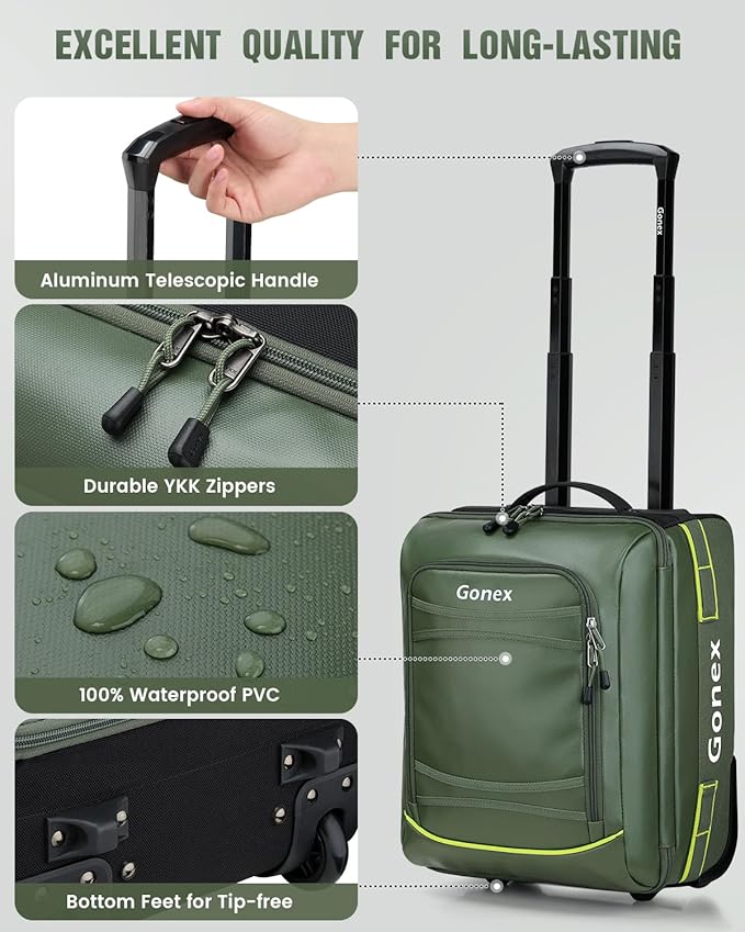 Gonex Waterproof Underseat Carry on Luggage with Wheels, 16 inch PVC Small Wheeled Travel Luggage for Airline, Rolling Overnight Weekender Suitcase for Men Women 30L, Olive Green