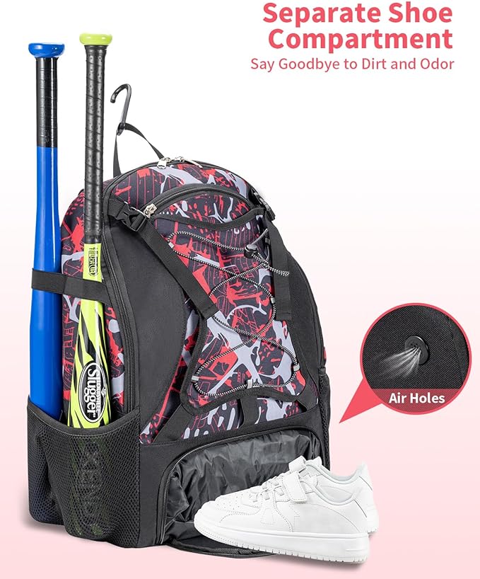 Youth Baseball Bag, Softball Bat Bag for Girls Boys & Adults, Kids Tball Backpack with Shoes Compartment, Large Capacity Equipment Backpack
