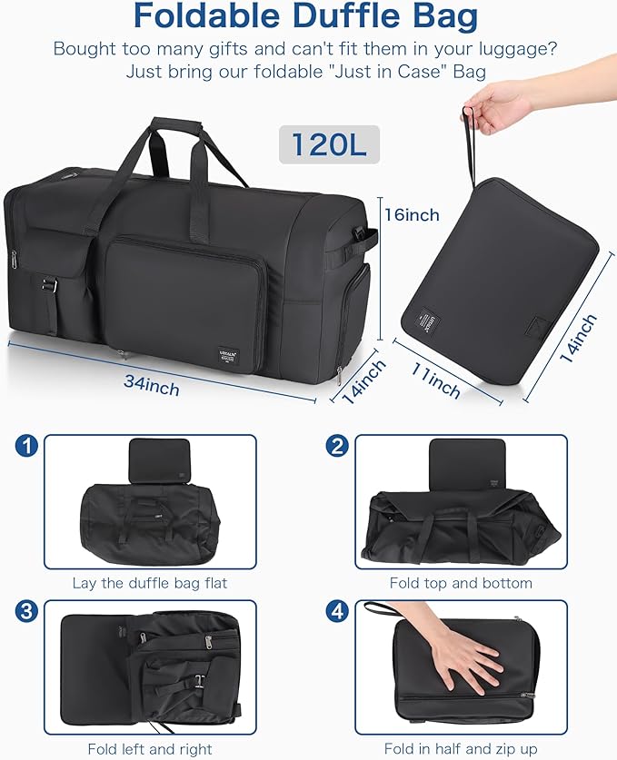120L Travel Duffle Bag for Men and Women, Urtala 34” Large Duffle Bag for Traveling with Shoes Compartment, Foldable Travel Duffel Bags, Waterproof and Tear Resistant