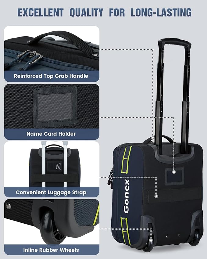 Gonex Waterproof Underseat Carry on Luggage with Wheels, 16 inch PVC Small Wheeled Travel Luggage for Airline, Rolling Overnight Weekender Suitcase for Men Women 30L, Navy Blue