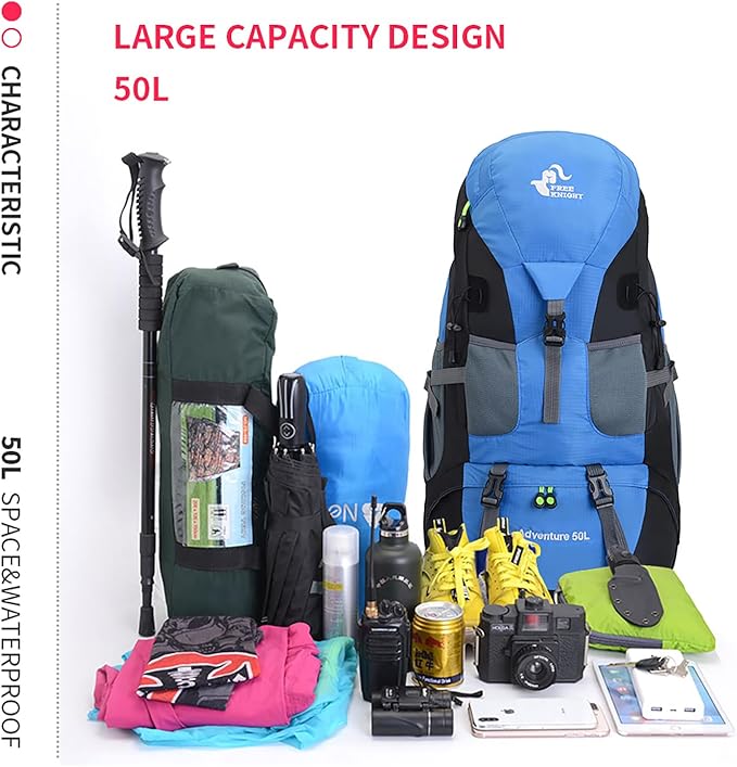 Bseash 50L Hiking Backpack, Water Resistant Lightweight Outdoor Sport Daypack Travel Bag for Camping Climbing Skiing Cycling (Light Blue - No Shoe Compartment)