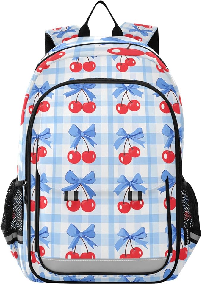 Cherry Blue Bow Buffalo Plaid Laptop Backpack Purse for Women Men School Bag 17 Inch Bookbag Student Boys Girls Travel Casual Daypack