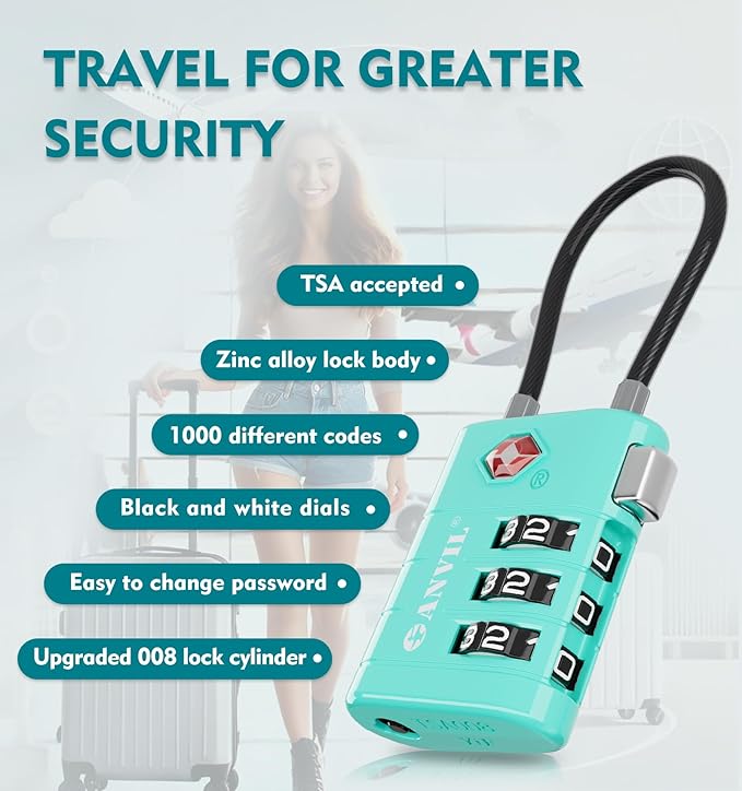 ANVIL TSA Approved Luggage Locks – High Security TSA008 Combination Travel Locks with Inspection Indicator for Suitcases and Backpacks. (2, Cyan)