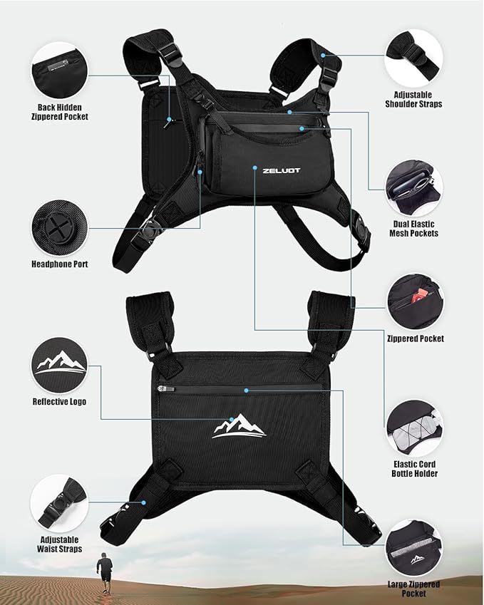 Zelvot Running Vest with 350ml Soft Flask, Lightweight Adjustable Chest Pack with 4 Pockets, Reflective Chest Bag for Women Men for Trail Running, Hiking, Cycling, Marathon