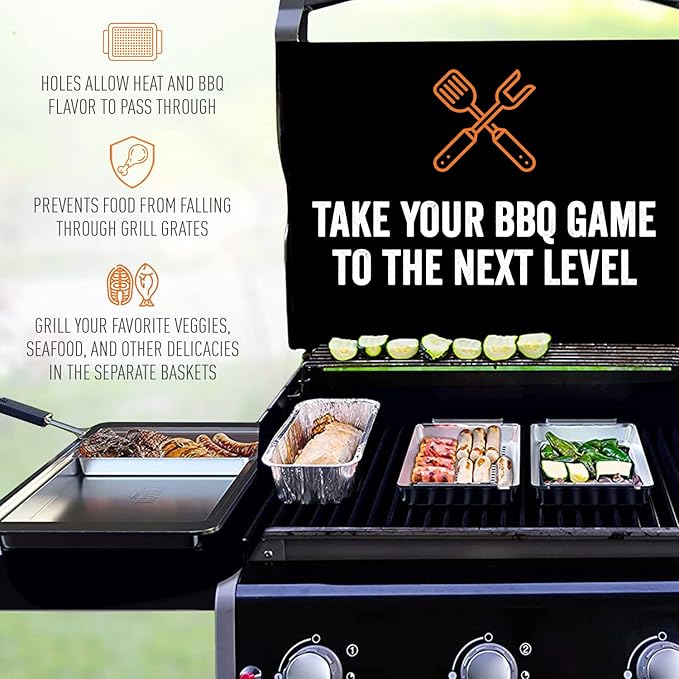 Yukon Glory™ BBQ 'N SERVE Grill Basket Set - Includes 3 Grilling Baskets a Serving Tray & Clip-on Handle - "Patented Grill-to-Table Design" Perfect For Grilling Fish Veggies & Meats