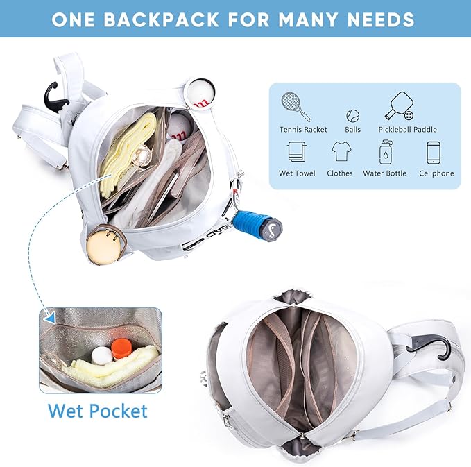 Tennis Backpack with 2 Rackets Holder, Water-Resistant PU Leather Tennis Racket Bag for Women & Men, Sling Crossbody Sports Backpack for Tennis, Pickleball & Badminton, Tennis Gifts