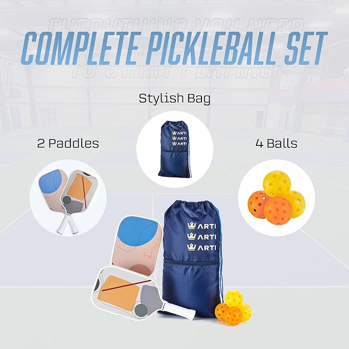 ARTI Pickleball Paddles Set of 2-USAPA Approved Fiberglass Surface Pickleball Set,2 Pickleball Rackets, 4 Balls and 1 Portable Carry Bag