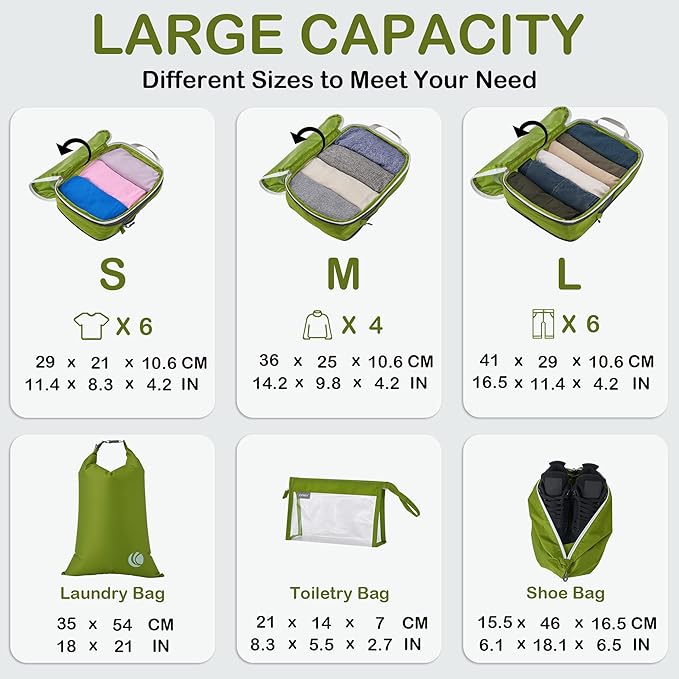 Cipway Compression Packing Cubes, Lightweight Travel Luggage Organizers with Shoe Bag, Toiletry Bag & Laundry Bag, Travel Essentials for Carry on Suitcase (8 Piece,Green)