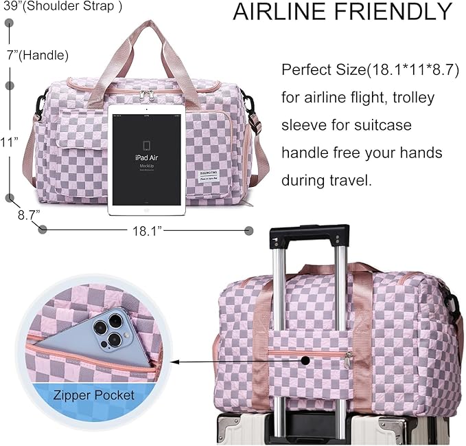 Weekender Duffel Sport Gym Bag Overnight Travel duffle Bags with Shoe Compartment Wet Pocket Tartan-Pink