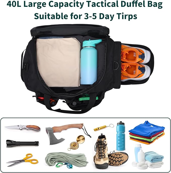40L Tactical Duffle Bag Mens Gym Bag- 22 inch Military Duffle Bag with Shoes Compartment, Outdoor Equipment Gear for Weekend Overnight Travel - Black