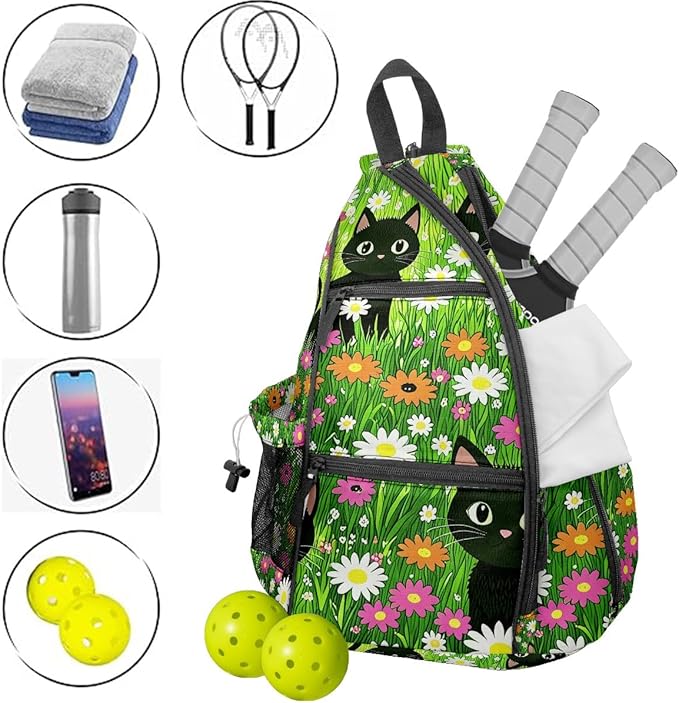 Pickleball Bag Cartoon Cats Green Pickle Ball Backpack for Women Men Premium Lightweight Crossbody Sling Bag Sports Backpack for Pickleball Paddle Tennis