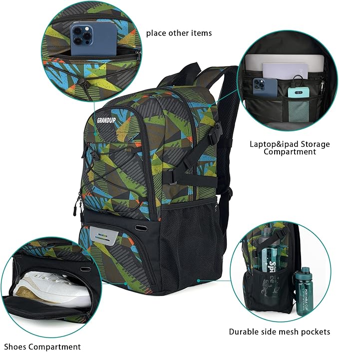GRANDUP Basketball backpack with ball and shoes compartment Fit Volleyball, soccer, Swim, Gym, Travel, and School, large capacity sports training equipment bags