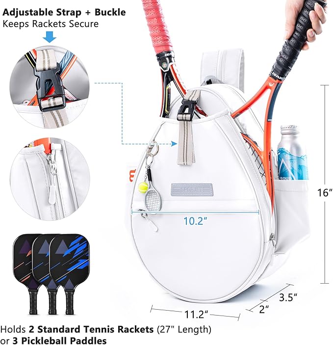 Tennis Backpack with 2 Rackets Holder, Water-Resistant PU Leather Tennis Racket Bag for Women & Men, Sling Crossbody Sports Backpack for Tennis, Pickleball & Badminton, Tennis Gifts