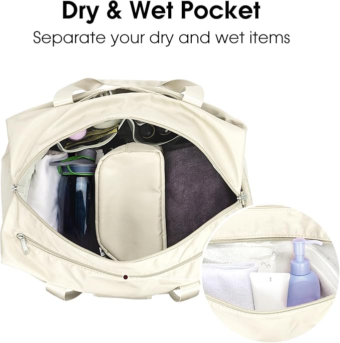 Ceneda 20" Gym Bag for Women with Wet Pocket & Shoe Compartment, Lightweight Duffel Waterproof Carry On Duffle for Travel, Yoga, Overnight (Ivory)