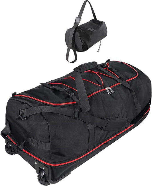 32” 1680D Oxford Foldable Duffle Bag with 2 Wheels,110L to 140L Expandable Soft Sided Rolling Travel Bag,Black-red