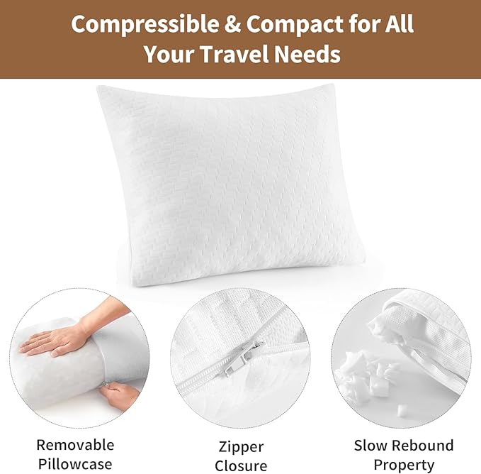 Small Shredded Memory Foam Pillow, Camping Pillow Travel Pillow - Compressible Medium Firm, Breathable Cover, Ideal Backpacking Hiking, Airplane and Car (Off-White, L)