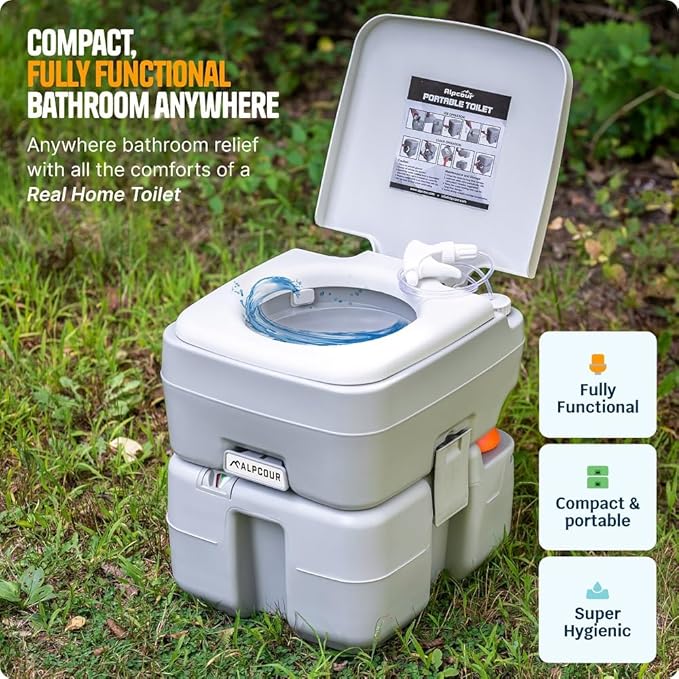 Alpcour Portable Toilet – Compact Indoor & Outdoor Commode w/Travel Bag for Camping, RV, Boat – Piston Pump Flush, 6 Gallon Waste Tank, Built-In Pour Spout & Washing Sprayer for Easy Cleaning