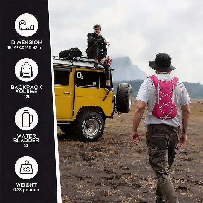 12L Hydration Backpack for Women and Men- Lightweight Hydration Pack with 2L Water Bladder, Water Pack for Hiking,Cycling,Rave and Running, Adjustable Chest Straps and Reflective