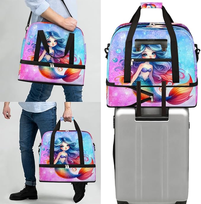 Cute Mermaid Girls Rainbow Travel Duffle Bags With Shoes Compartment for Women Men Weekender Overnight Bag Foldable Sports Tote Gym Carry On Luggage Handlebag for Travel Yoga Hospital Workout