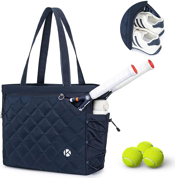 Tennis Tote Bag with Shoe Compartment - Extra-Large Quilted Pickleball Bag Holds 2-4 Rackets, Water-Resistant & Lightweight for Men & Women