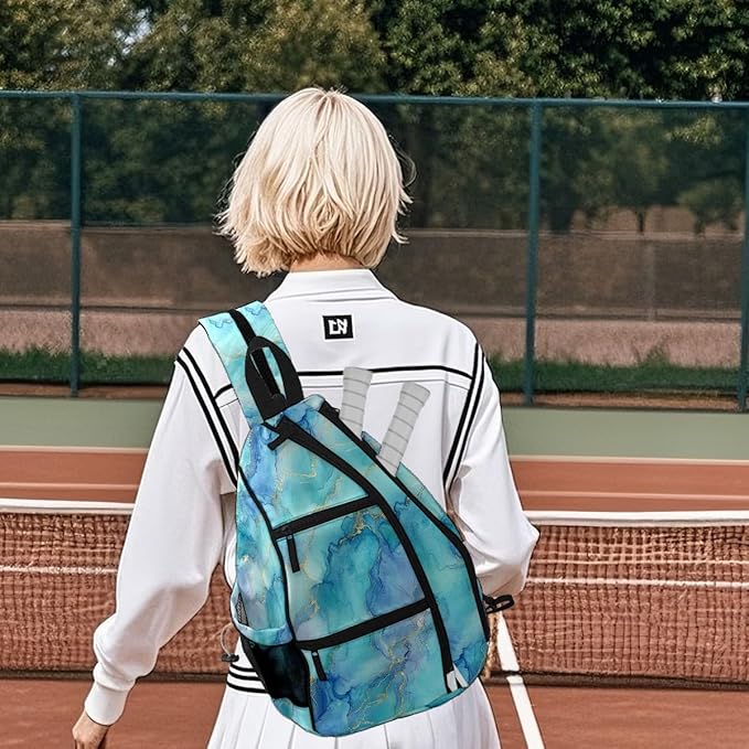 Pickleball Bag Marble Blue Pickle Ball Backpack for Women Men Premium Lightweight Crossbody Sling Bag Sports Backpack for Pickleball Paddle Tennis