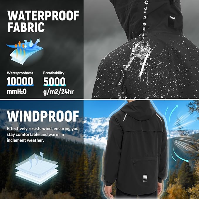 baleaf Men's Rain Jacket Waterproof Windbreaker Raincoat Running Cycling Hiking Gear Hood Lightweight Reflective Packable